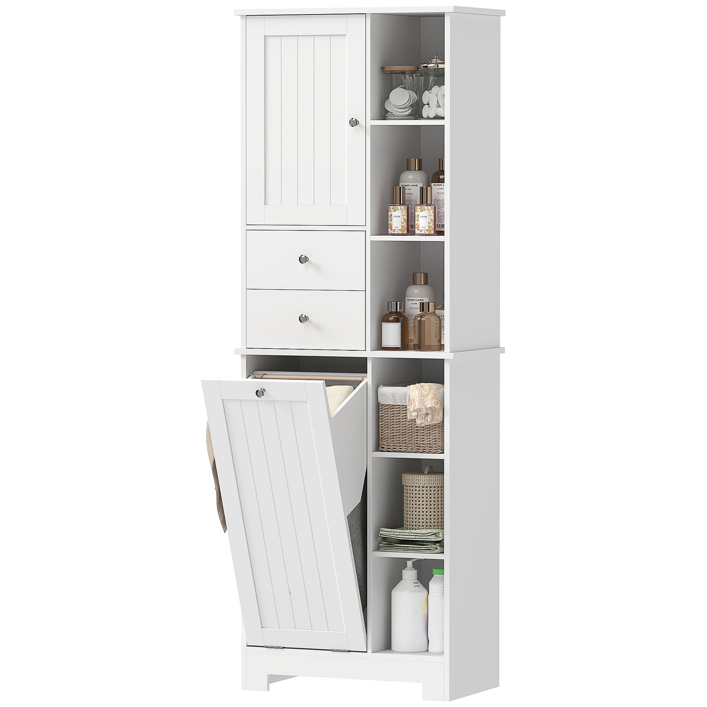 67" Tall Bathroom Storage Cabinet, Slim Bathroom Cabinet with Tilt-Out Laundry Basket, White