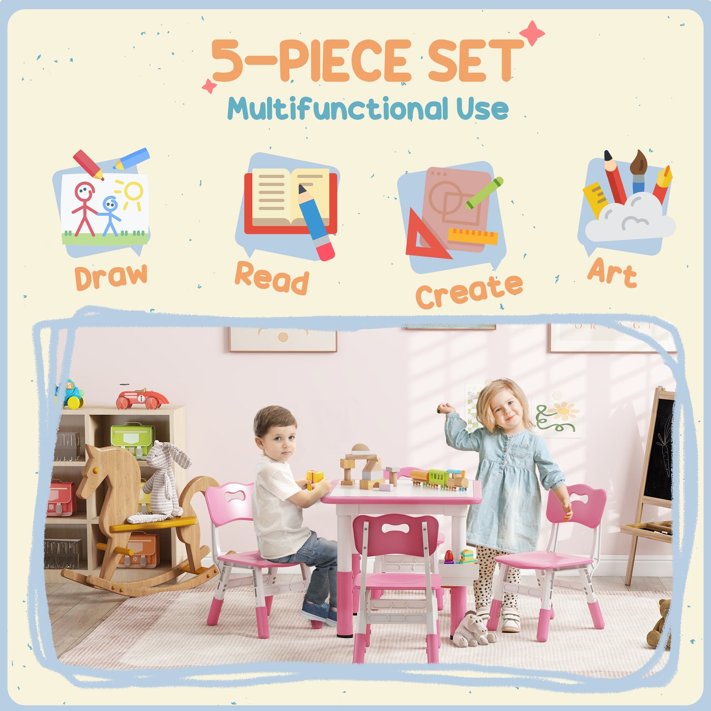 Qaba 5 Pieces Toddler Table and Chair Set, Height Adjustable Activity Table and Chair Set for Nursery Classroom, Pink