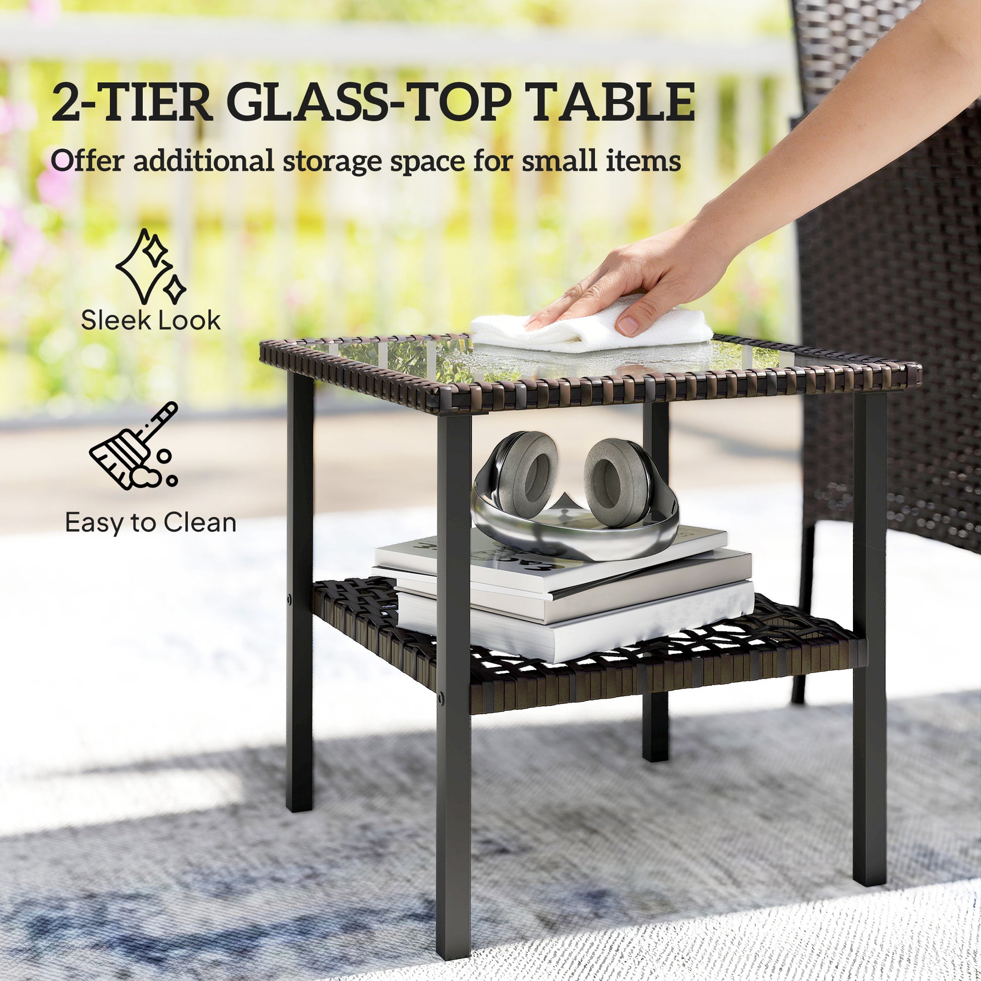 Wicker Bistro Set, 3 Piece Patio Furniture Set with 2-Tier Glass Top Table, Cushions for Balcony, Porch, Dark Grey