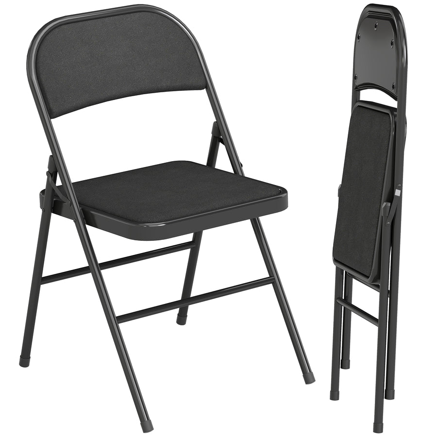 Set of 2 Metal Foldable Chairs, Linen Fabric Padded Folding Chairs with Cushion Seat and Open Back for Indoor, Black