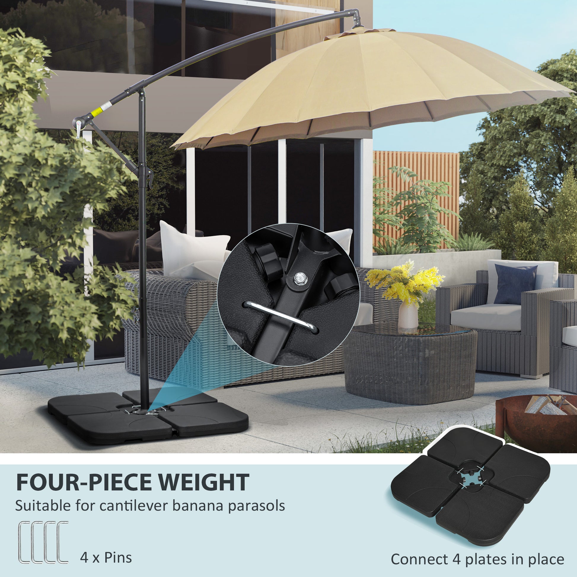4 Piece Umbrella Base Stand w/ U Locking, 132 lb Capacity Water or 172 lb Capacity Sand, Black
