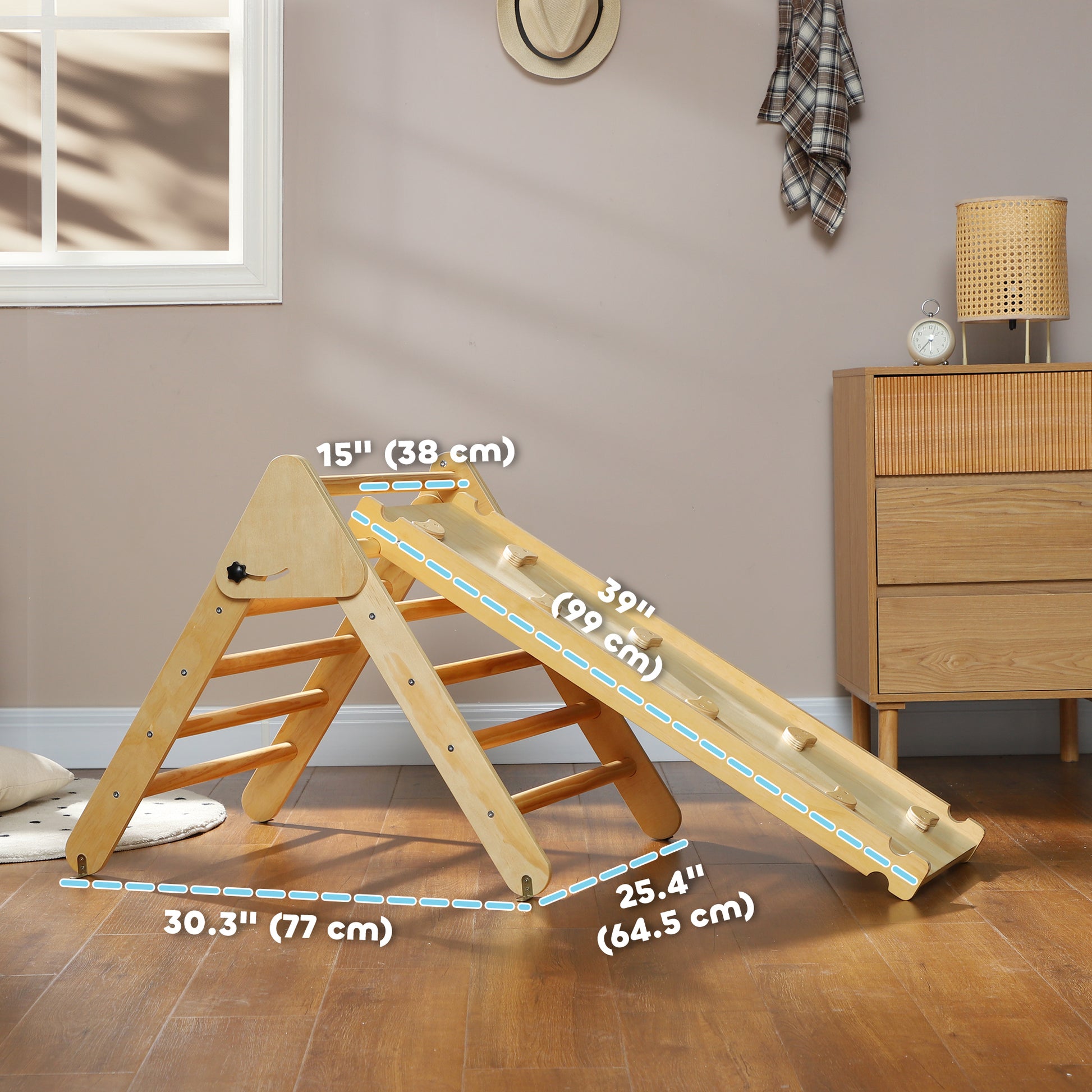 Qaba Pikler Triangle Set, 3 in 1 Climbing Toys with Ramp for Toddlers, Nature Wood