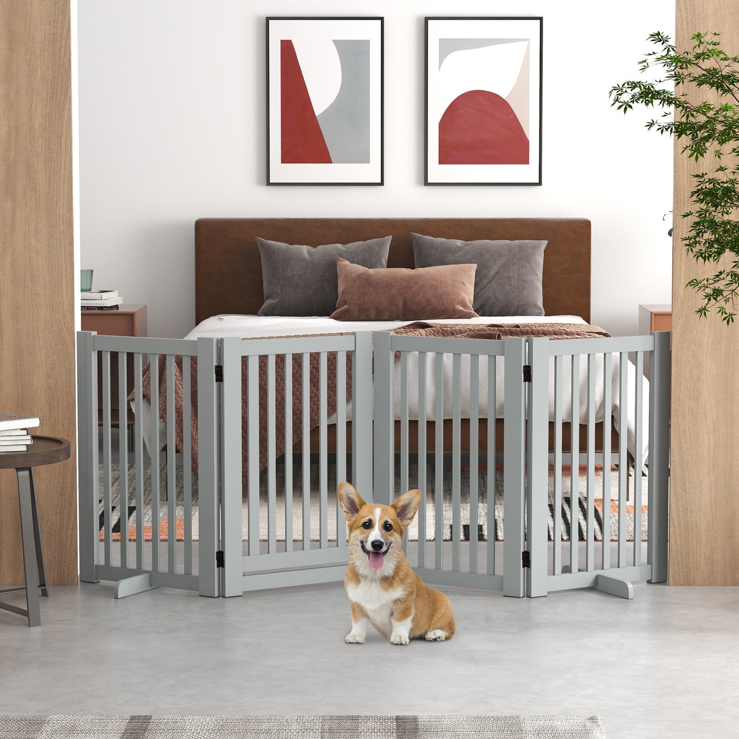 4 Panel Free Standing Wooden Pet Gate with Open Door Light Grey