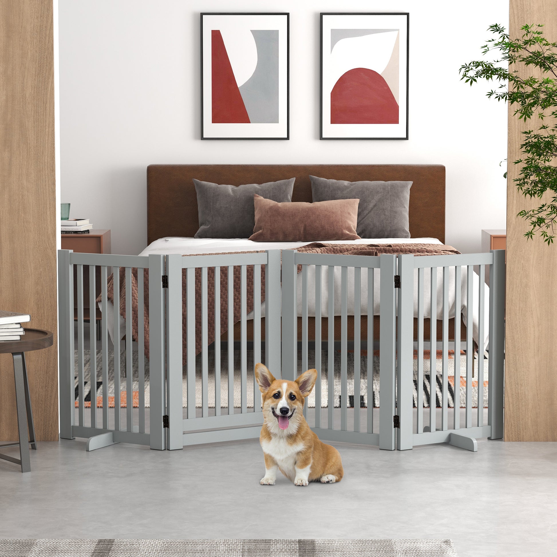 4 Panel Free Standing Wooden Pet Gate with Open Door Light Grey