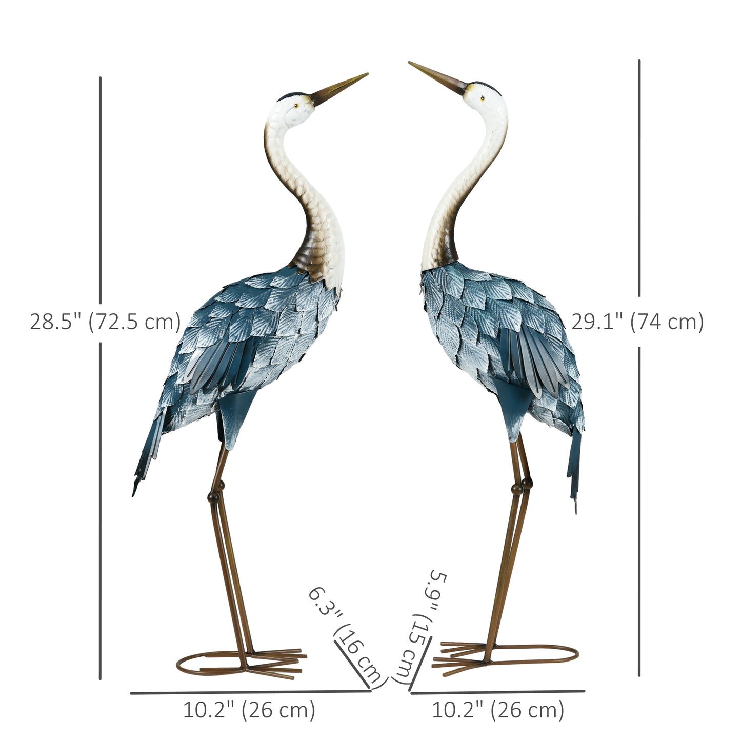 Set of 2 Garden Sculptures Crane Statues Lawn Patio Backyard Ornaments, 28.5"-29.1", Blue