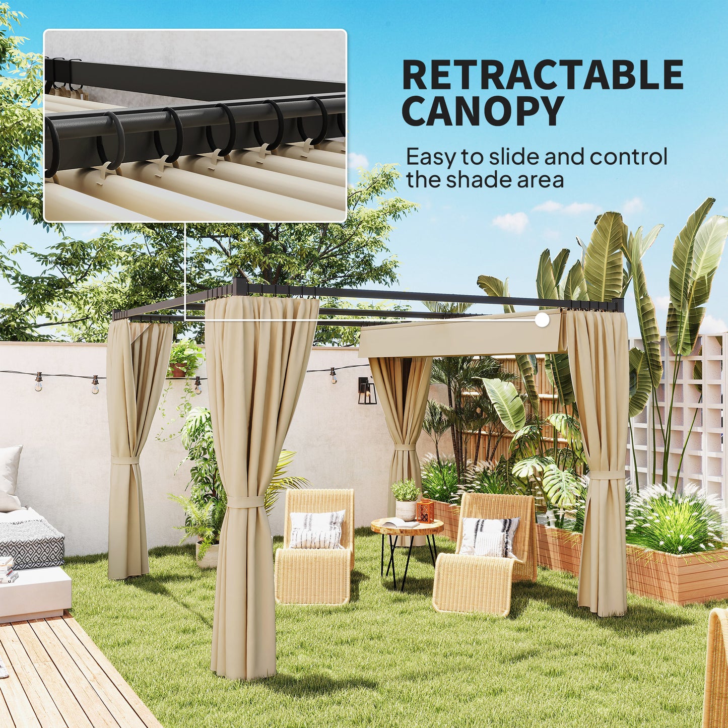 10' x 10' Retractable Pergola Canopy with Sidewalls, Metal Outdoor Gazebo Sun Shade Shelter, Beige