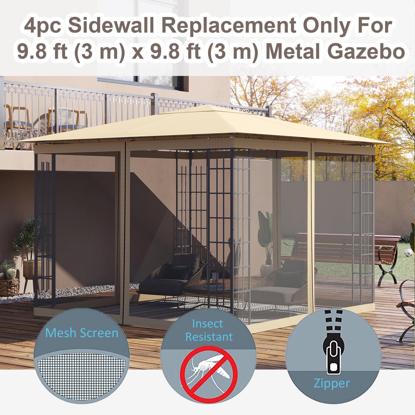 Gazebo Replacement Mosquito Netting 10' x 10' Black Screen Walls for Canopy with Zippers for Parties and Outdoor Activities