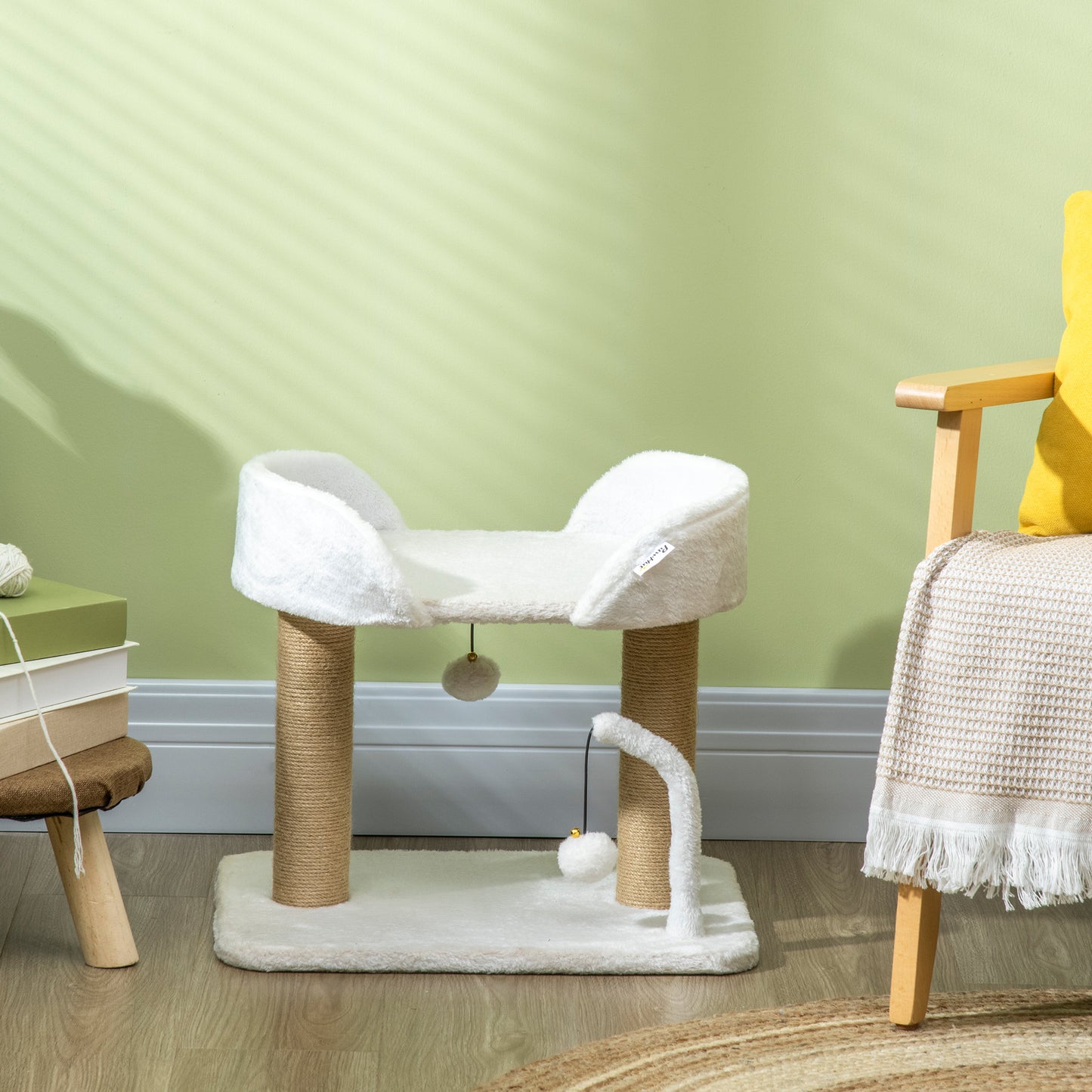 Cat Tower Condo for Indoor Cats, Small Cat Tree with Jute Scratching Posts, Top Perch, Dangling Balls, White