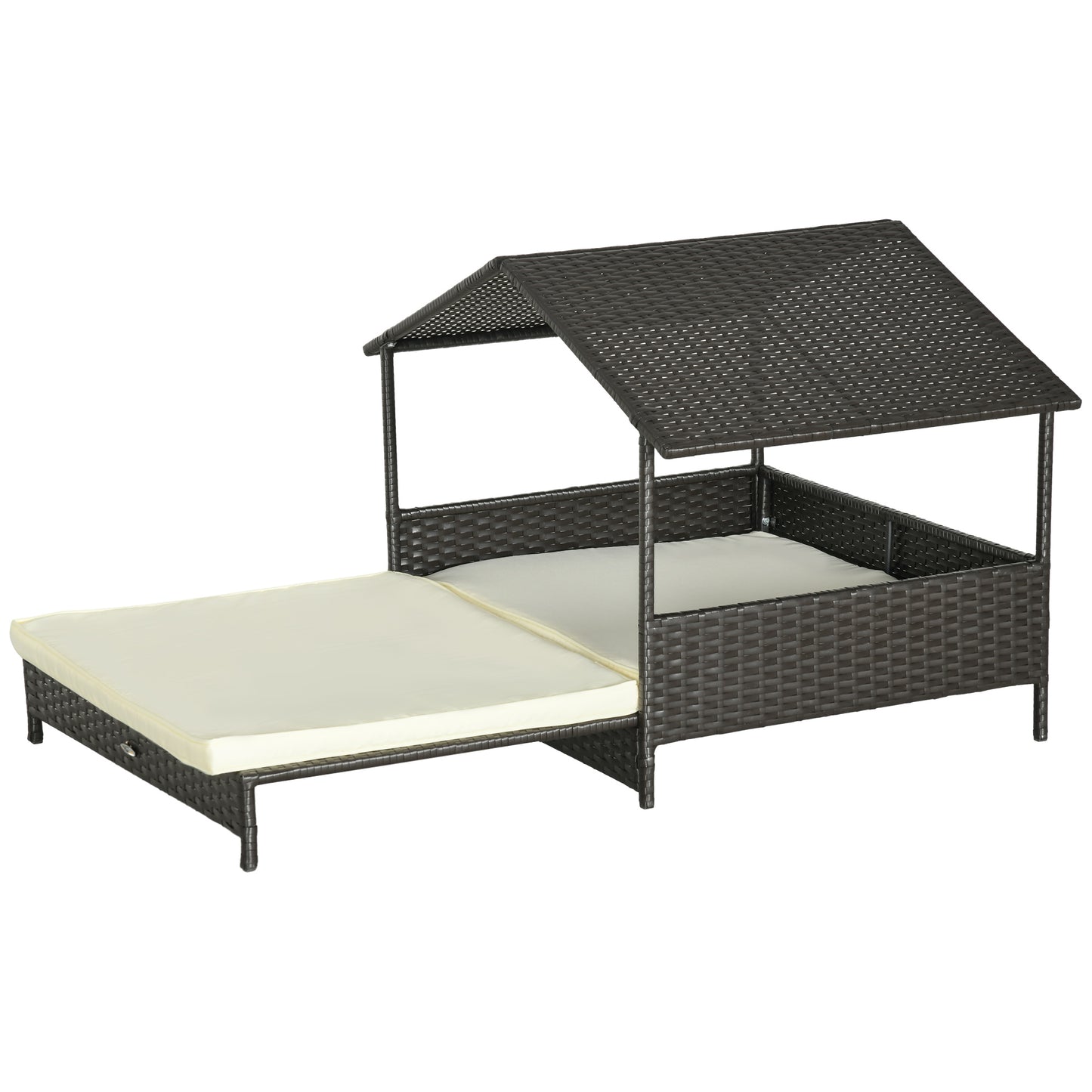 Rattan Dog House with Canopy, Wicker Dog Bed with Water-Resistant Cushion, for Small and Medium Breeds Cream White