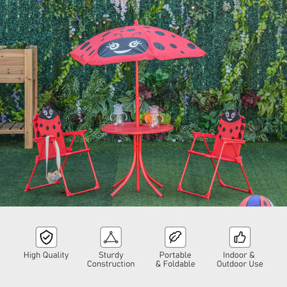 Children Table and Chair Set Outdoor, Kids Folding Picnic Table and Chair Set with Removable & Height Adjustable Sun Umbrella for Garden Backyard, Ladybug Pattern, Red