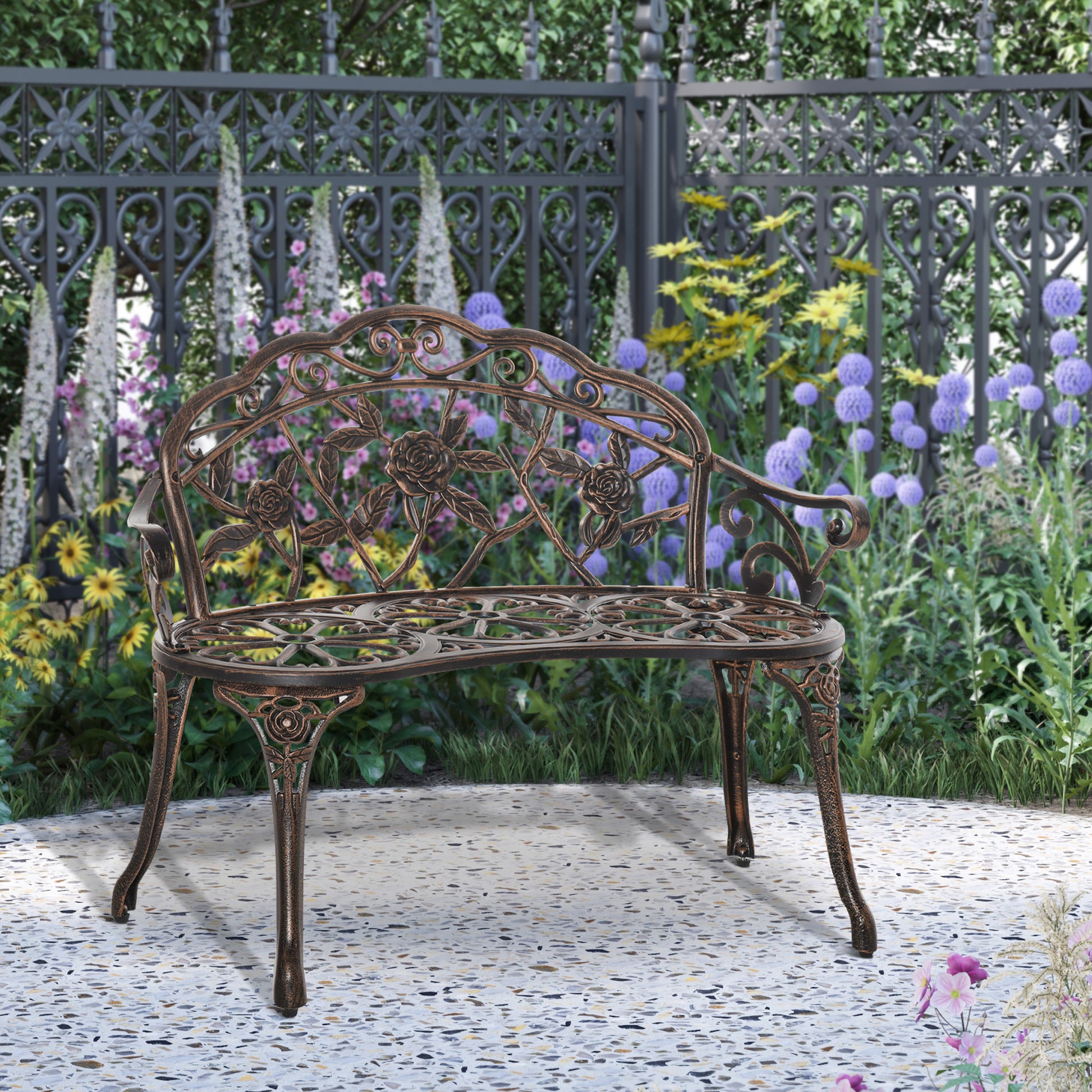 40" Outdoor Garden Bench, Cast Aluminum Antique Rose Style Patio Garden Park Loveseat Bench for Backyard, Porch, Balcony, Lawn, Bronze