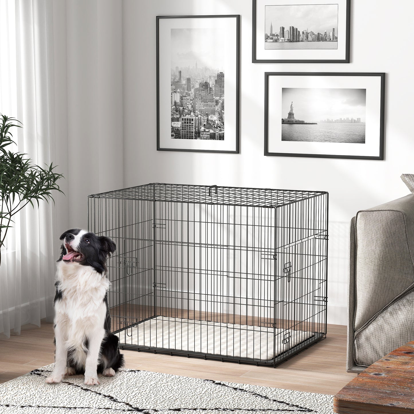 35" Dog Crate with 2 Doors, Folding Metal Dog Cage with Soft Cushion, Removable Tray, Handle, Black