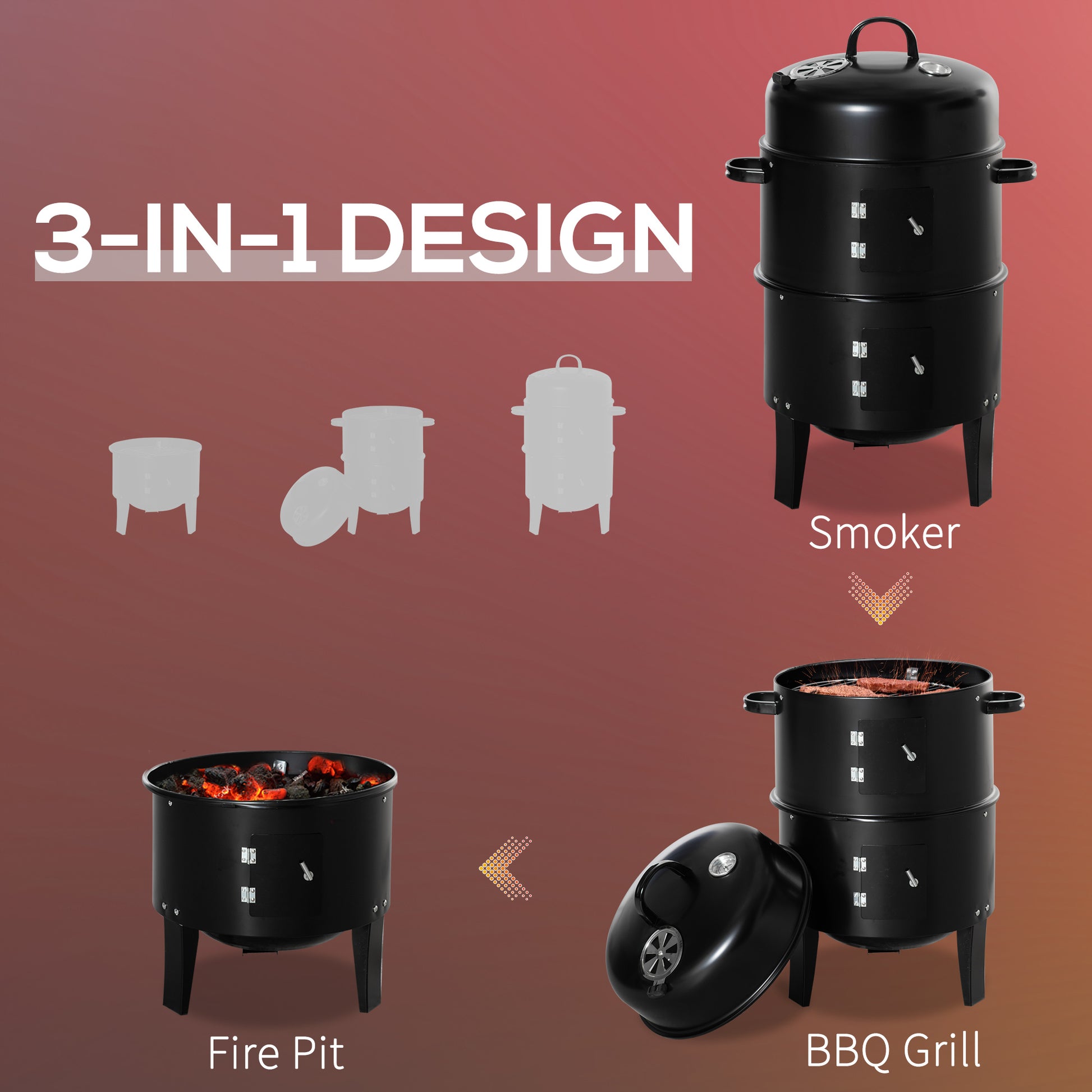 3-in-1 Vertical Charcoal BBQ Smoker, 16" Round Barbecue Grill with 2 Cooking Areas and Thermometer, Black