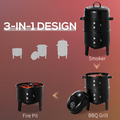 3-in-1 Vertical Charcoal BBQ Smoker, 16" Round Barbecue Grill with 2 Cooking Areas and Thermometer, Black