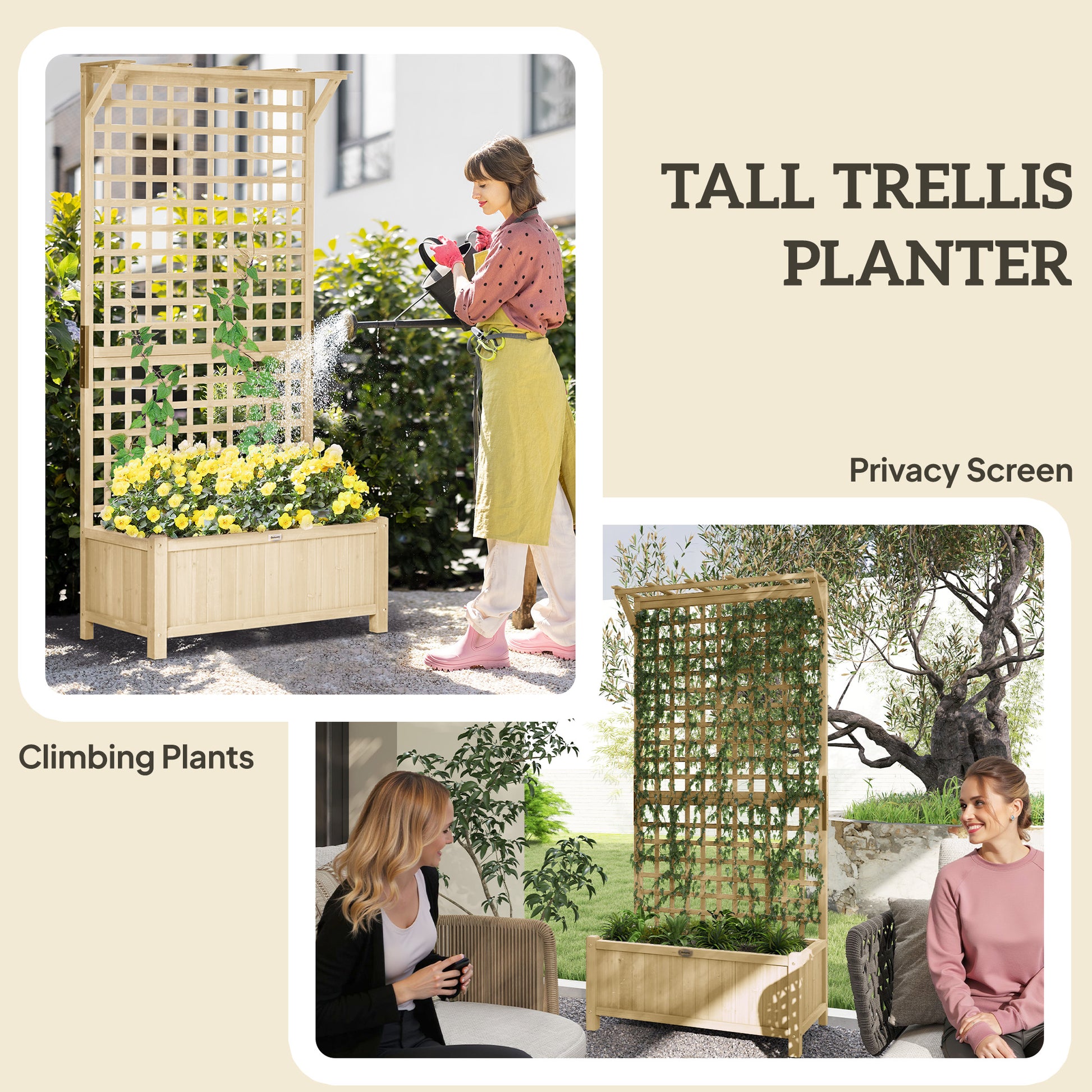 Wood Planter with Trellis for Vine Climbing, Raised Garden Bed, Privacy Screen for Backyard, Patio, Deck, Natural Wood