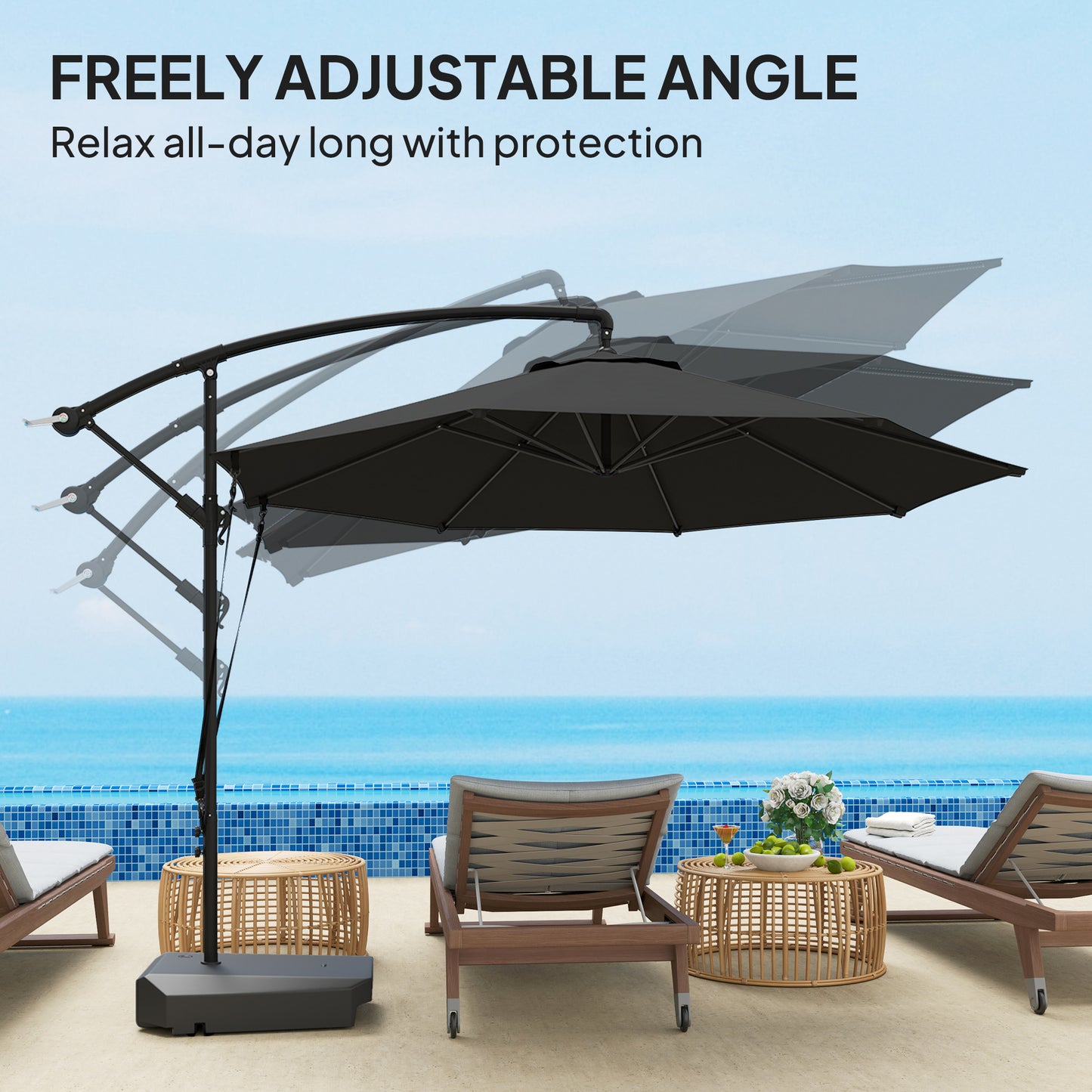 10FT Cantilever Umbrella with Fillable Base, Wind Strap and Cover, Offset Hanging Umbrella with Crank, UPF50+, Grey