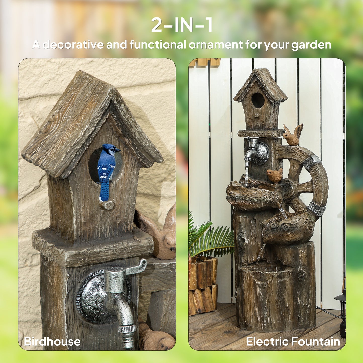 2-in-1 Outdoor Water Fountain with Birdhouse, Outdoor Waterfall, 13.6" L x 11.6" W x 36.2" H Mixed Colour