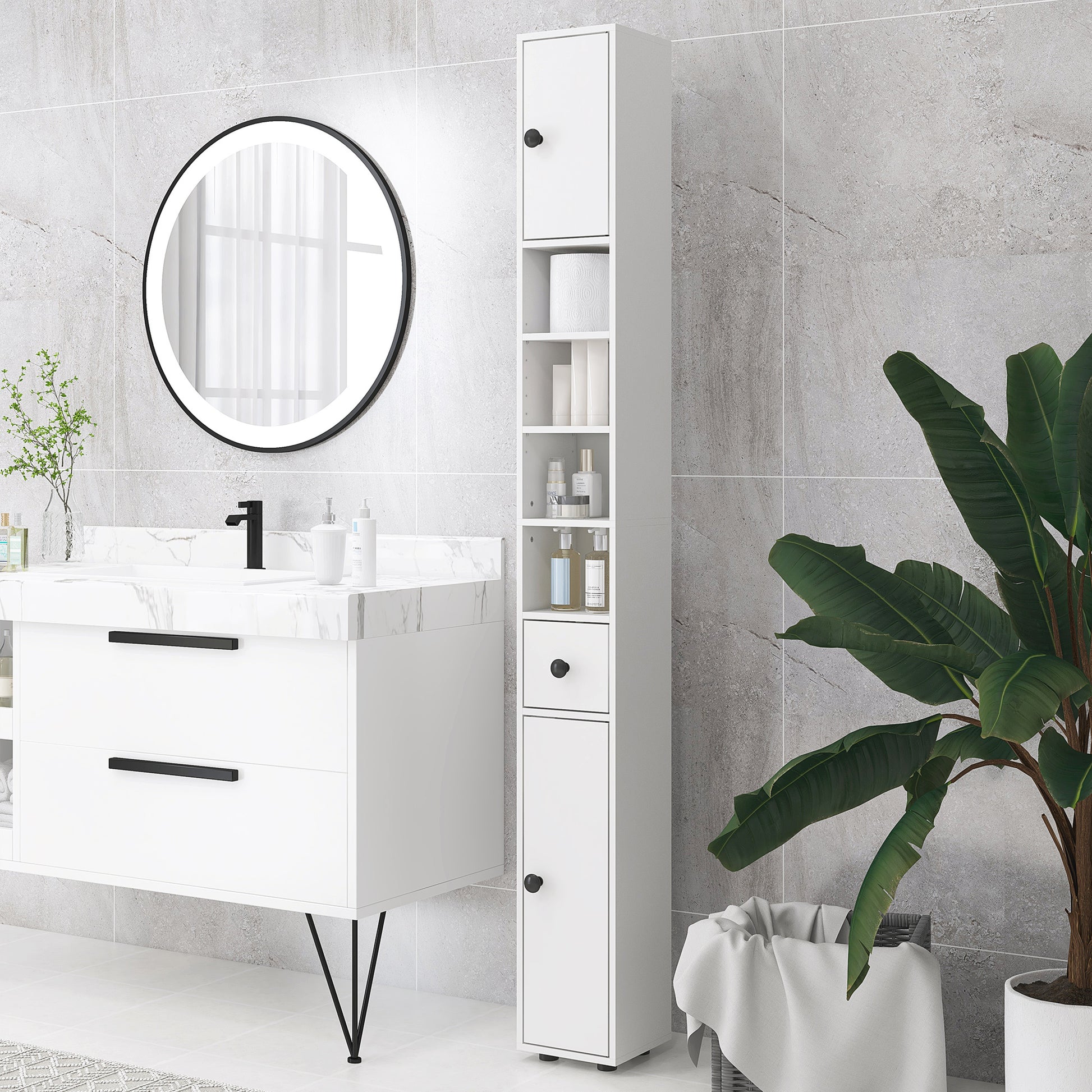 71" Tall Bathroom Storage Cabinet, Narrow Bathroom Cabinet with Open Shelves, 2 Door Cabinets, Adjustable Shelves, for Kitchen, Hallway, Living Room, White