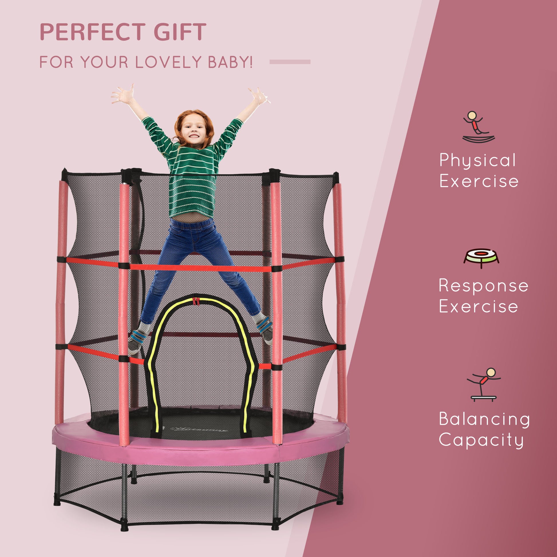 55" Kids Trampoline with Enclosure Net for Indoor/Outdoor, Trampoline for Boys and Girls Age 3-6 Years, Pink