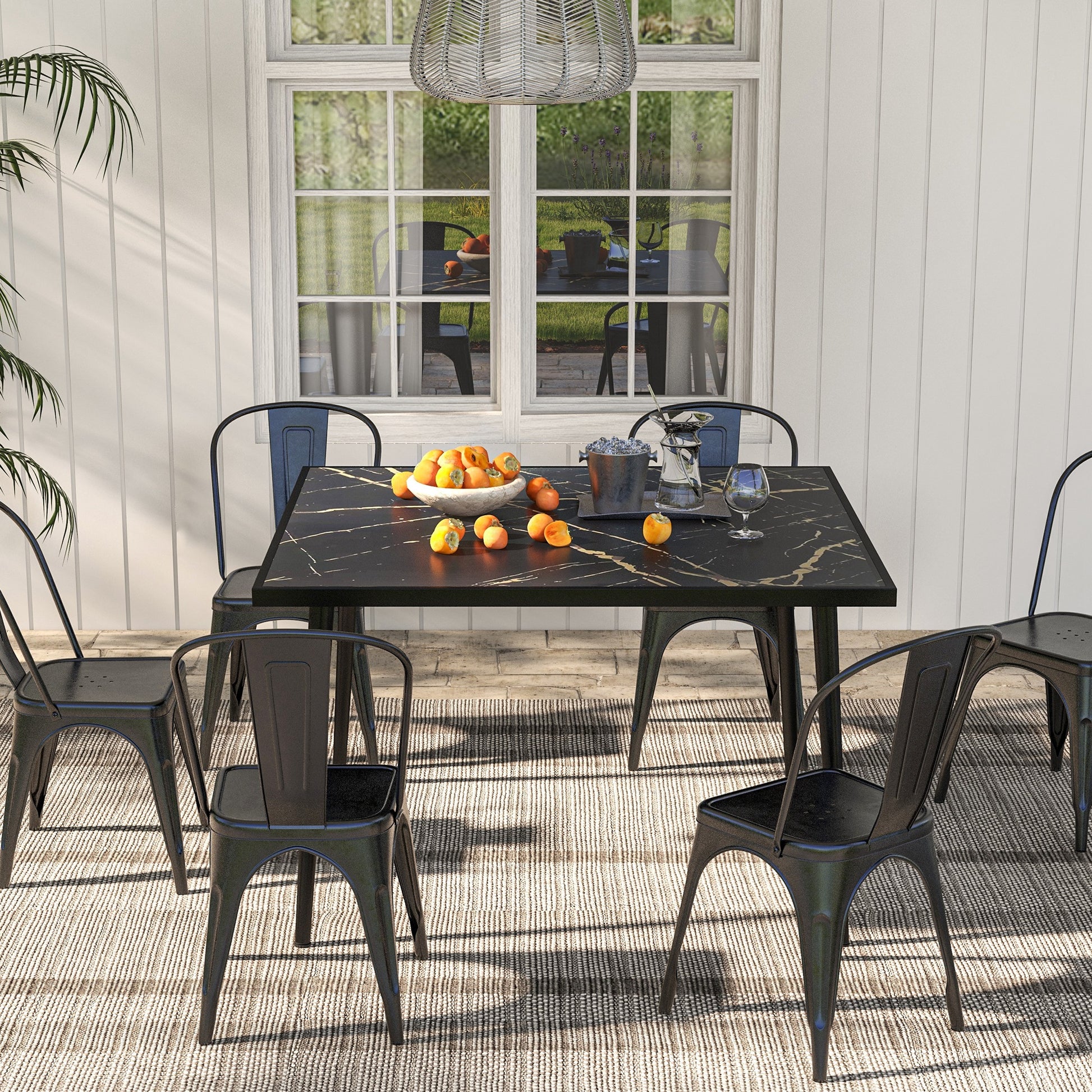Outdoor Dining Table for 4, Square Patio Dining Table with Marble Effect Tempered Glass Top and Steel Frame, Black
