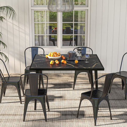 Outdoor Dining Table for 4, Square Patio Dining Table with Marble Effect Tempered Glass Top and Steel Frame, Black