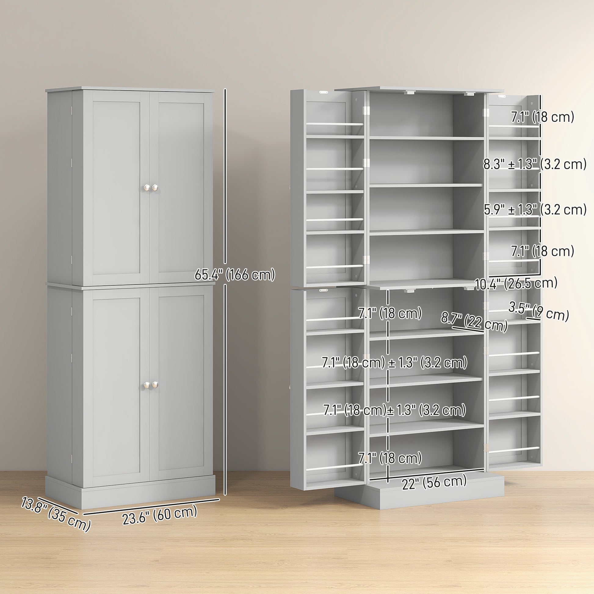 65" Kitchen Cabinet, Kitchen Pantry Cabinet with 4 Doors and 16 Door Shelves for Dining Room, Grey