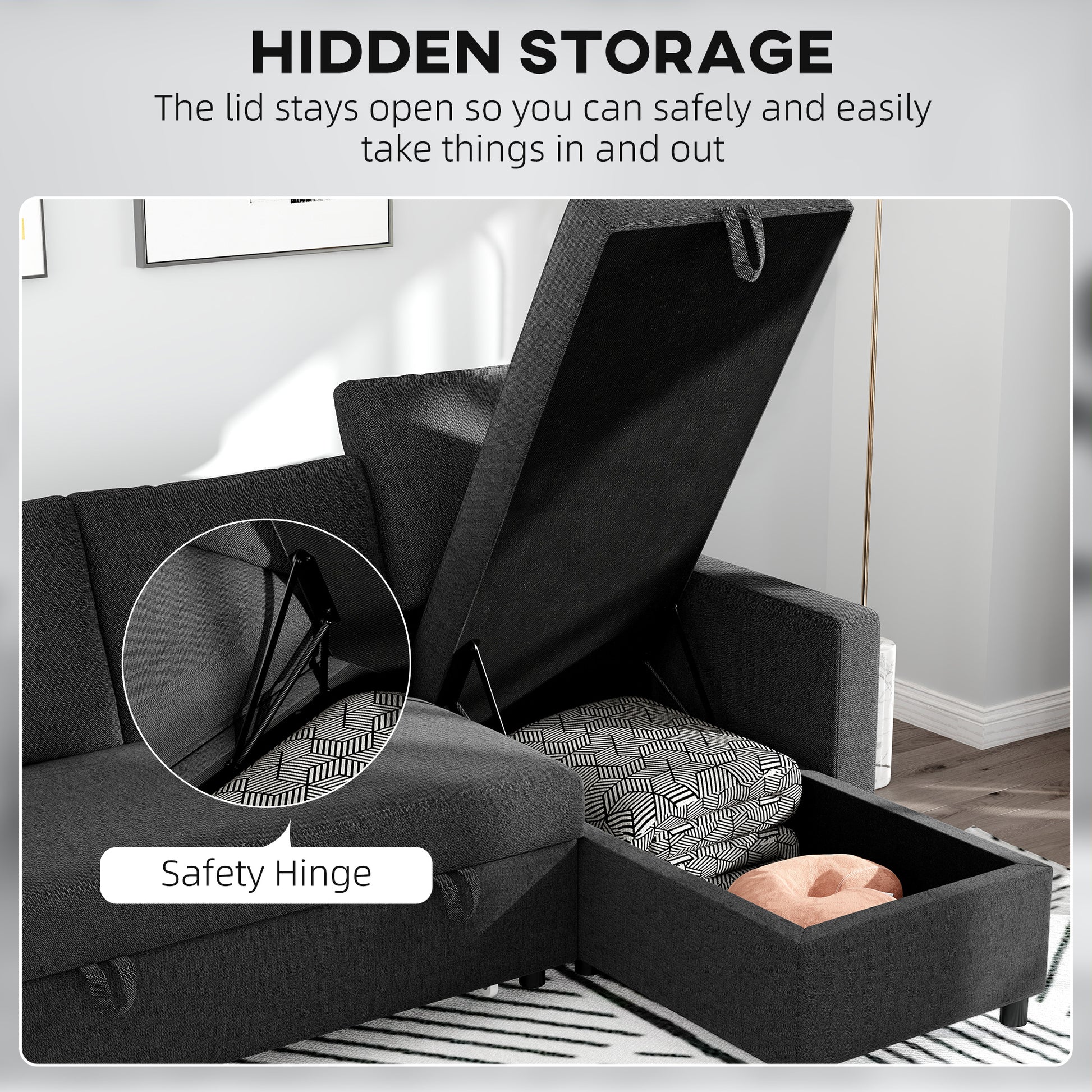 Convertible Corner Sofa Bed, Built-In Storage & 3 Removable Back Cushions, Black