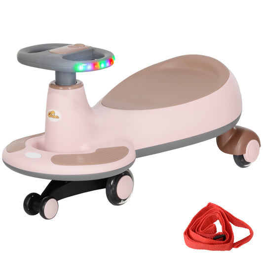 Qaba Kids Wiggle Car w/ Parent Traction Rope, Music, Light, Pink