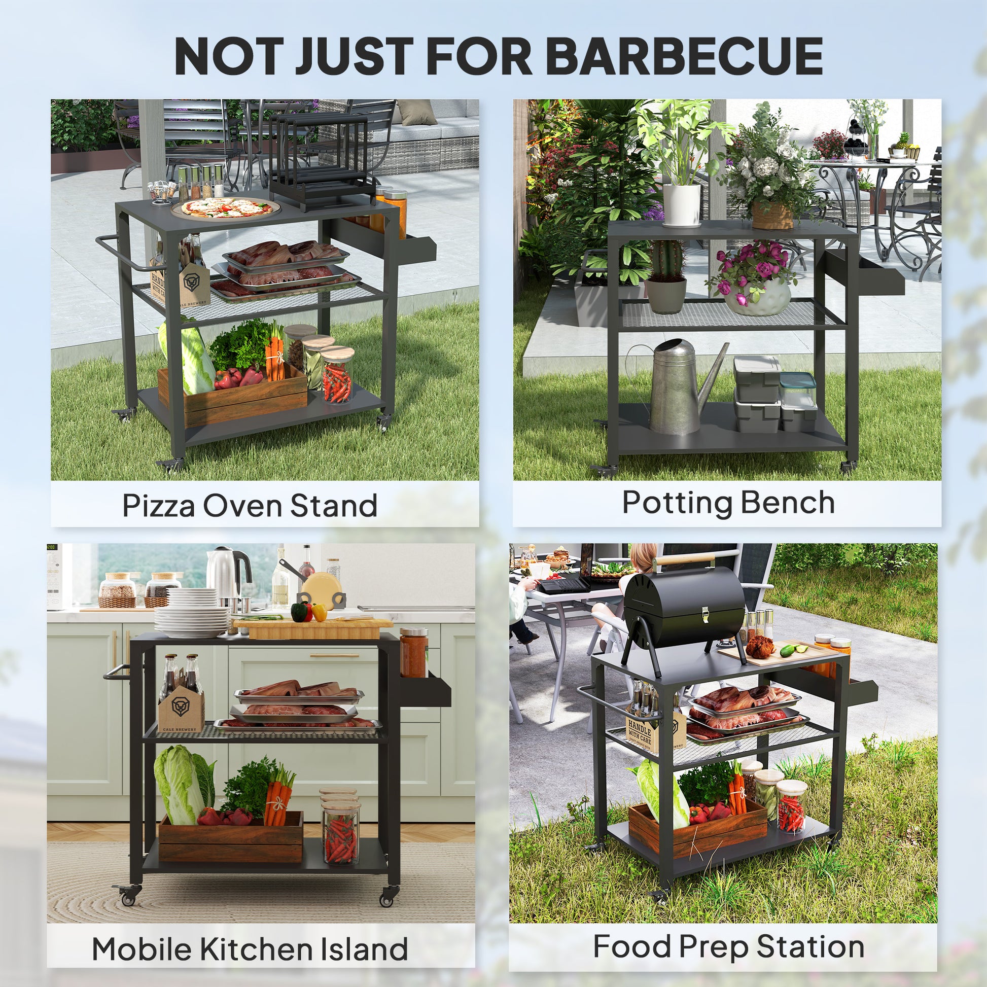 3-Tier Outdoor Grill Dining Cart with Storage Rack, Pizza Oven Stand with Side Handle, 4 Wheels for Backyard Party