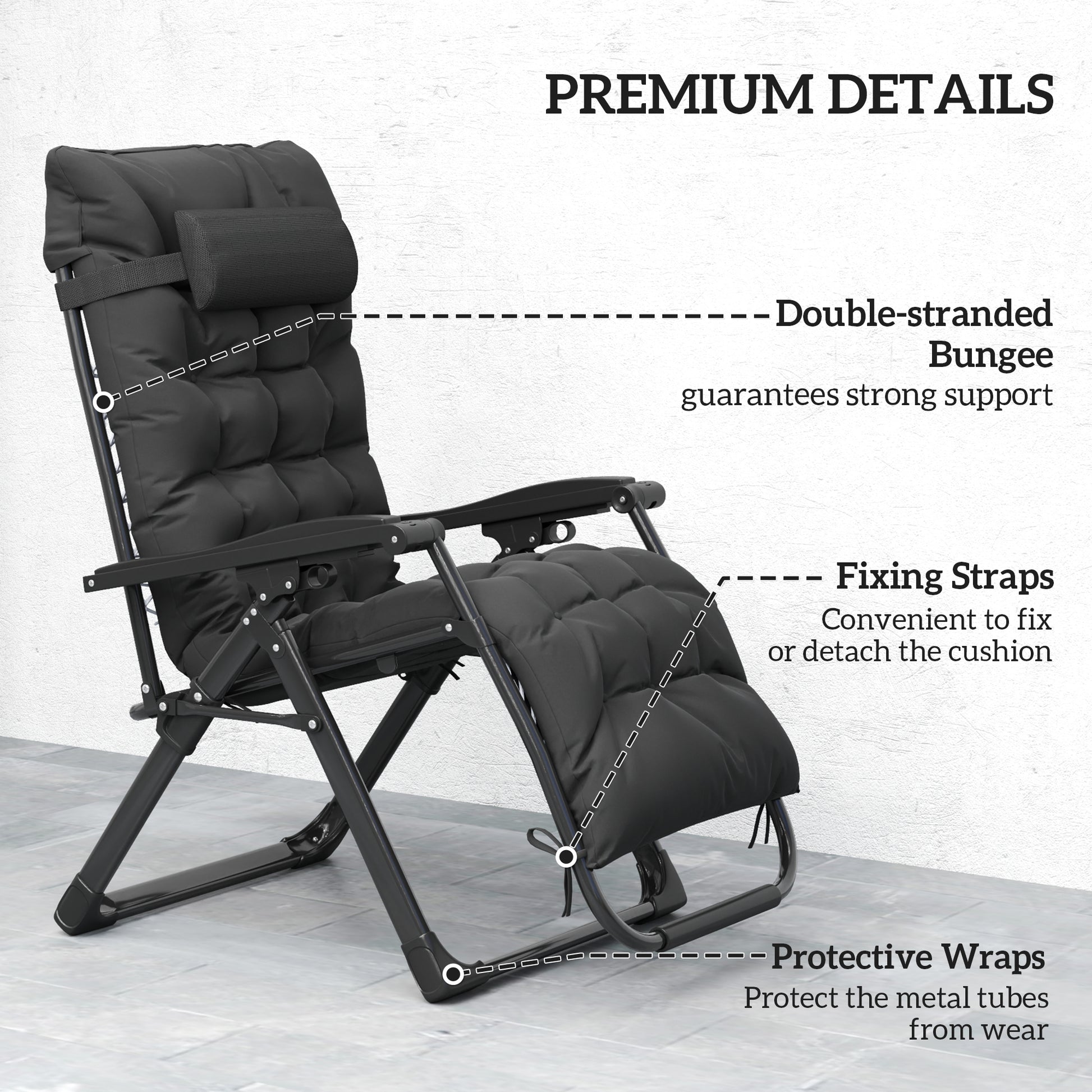 Folding Garden Chair, Reclining Zero Gravity Chair, Sun Lounger with Cushion and Headrest, Black