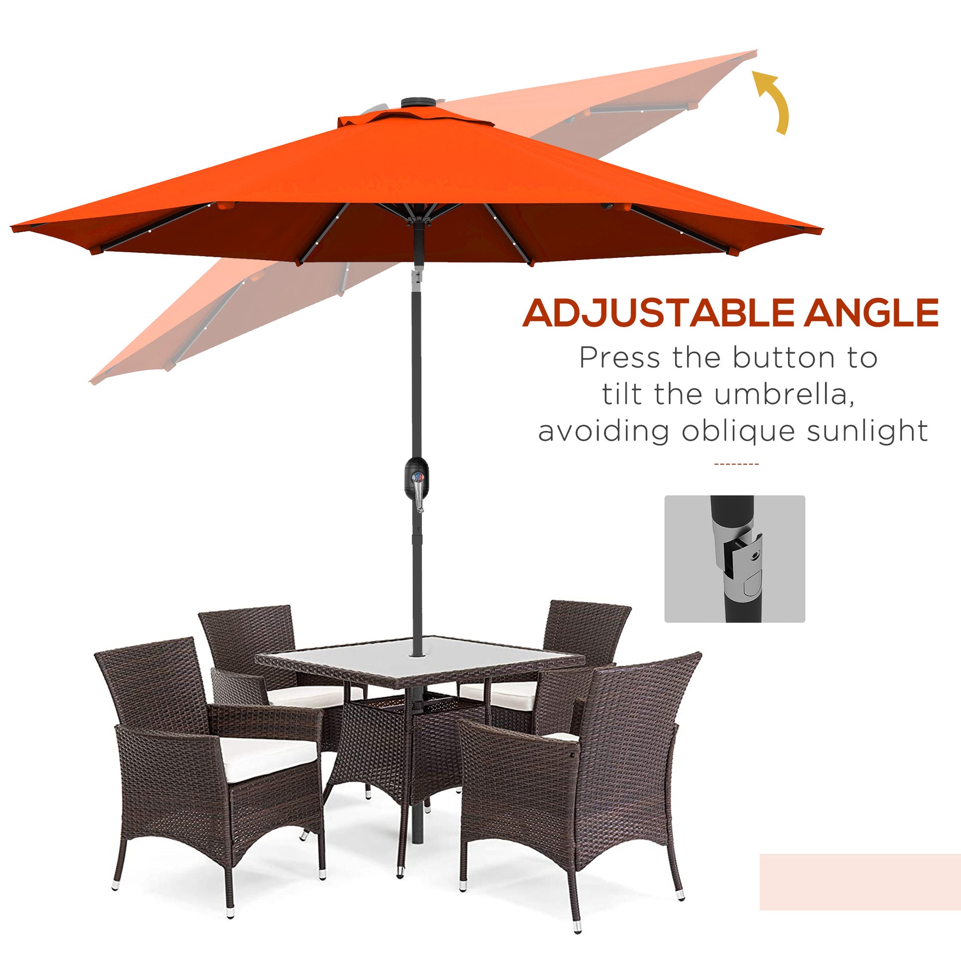 9ft Solar Patio Umbrella Outdoor Sunshade 24 LED Lights Tilt Canopy Orange