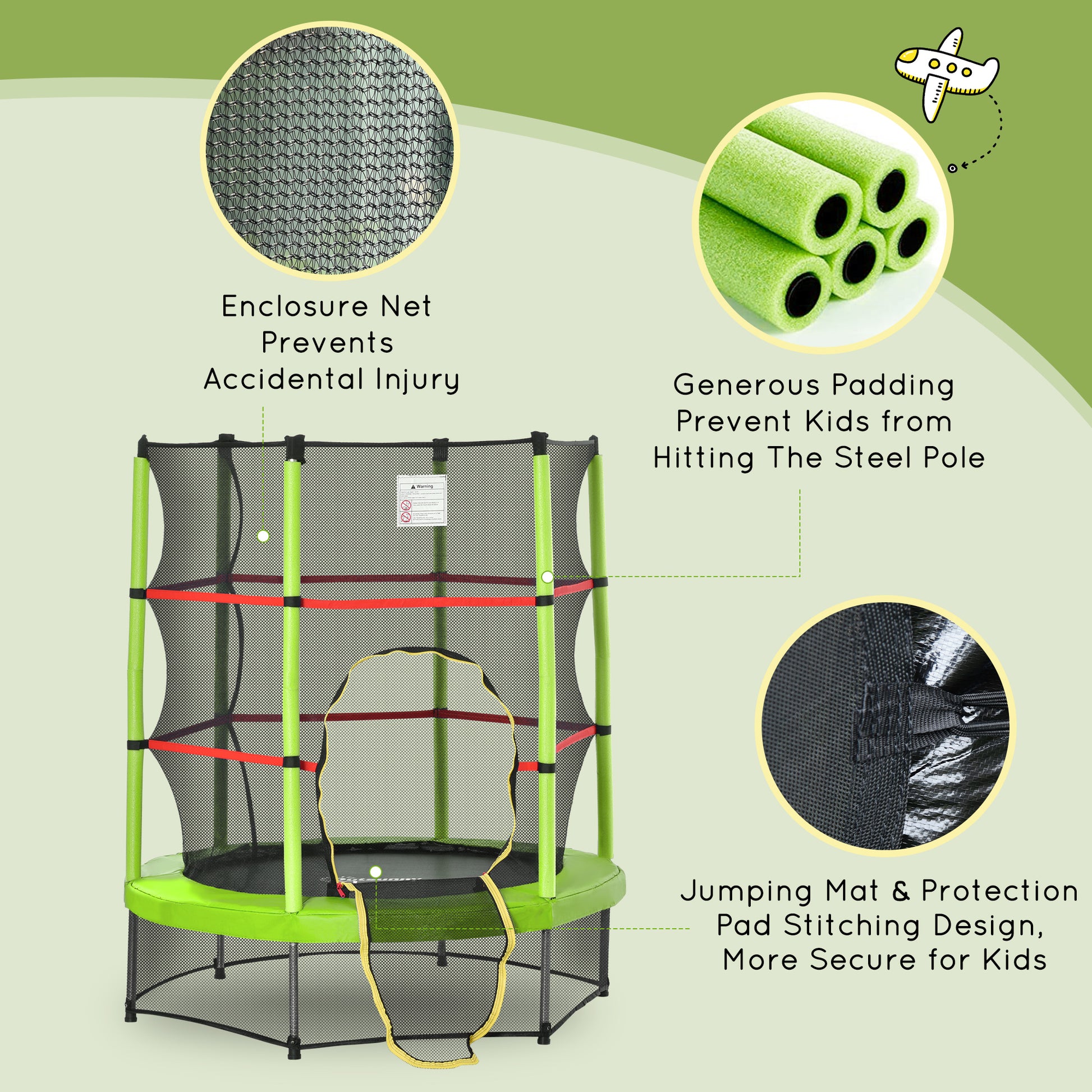 55" Kids Trampoline with Enclosure Net for Indoor/Outdoor, Trampoline for Boys and Girls Age 3-6 Years, Green