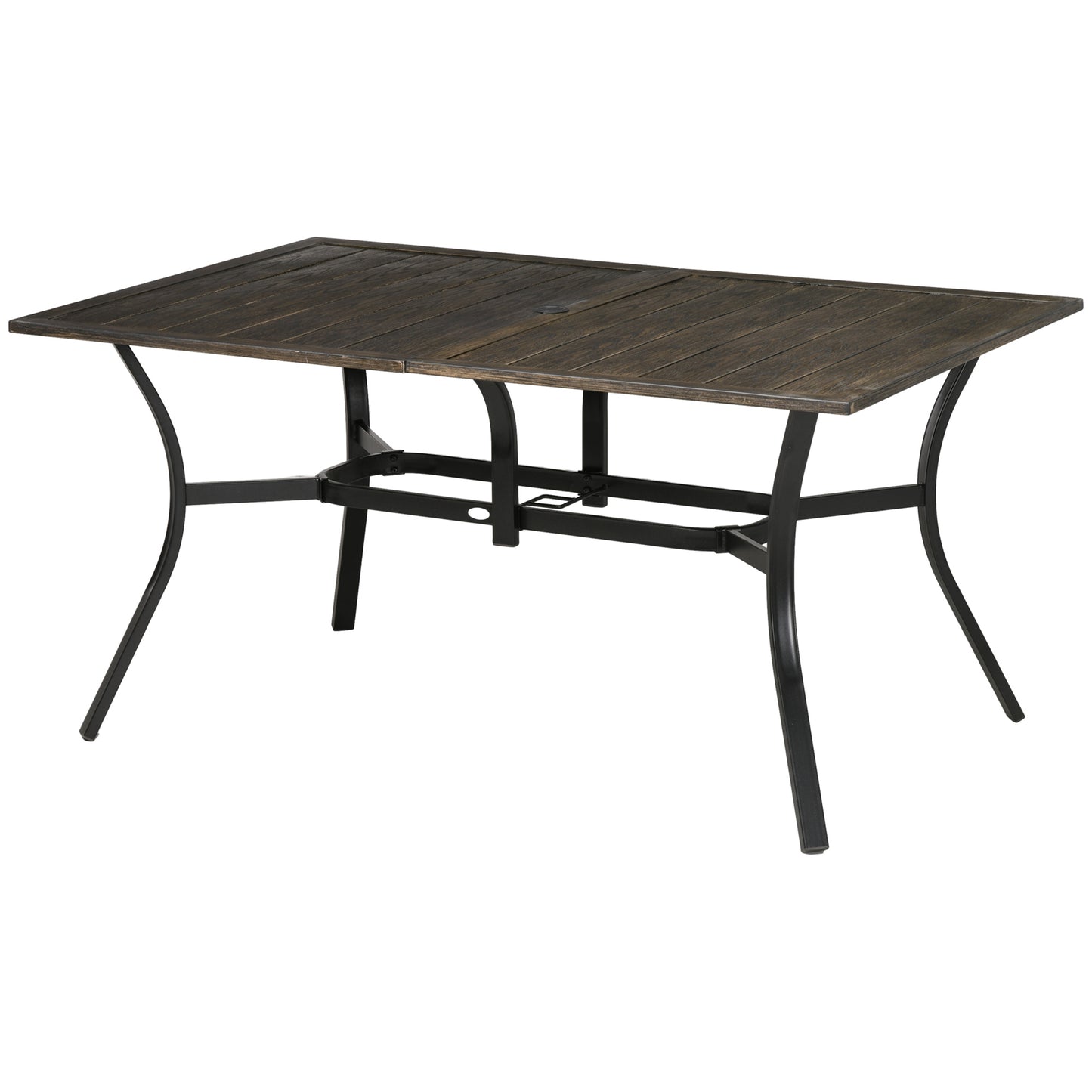 Steel Frame 59 Inch Outdoor Dining Table for Six with Parasol Hole, Wood Grain Tabletop, for Backyard, Garden, Brown