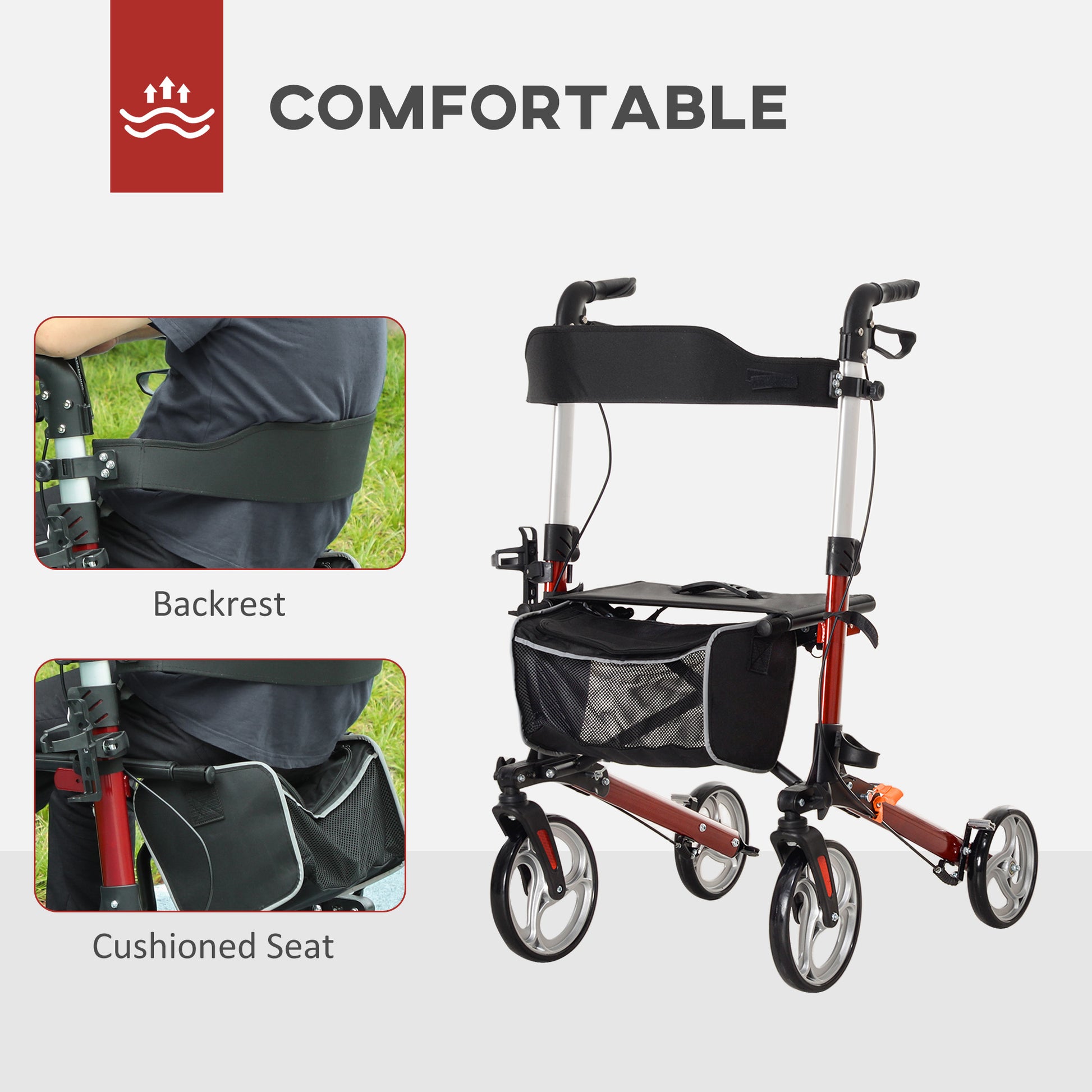 Lightweight Folding Rolling Walker with Large Seat, Back, Adjustable Handle, Bag, Dual Brake, Cane Holder, Red