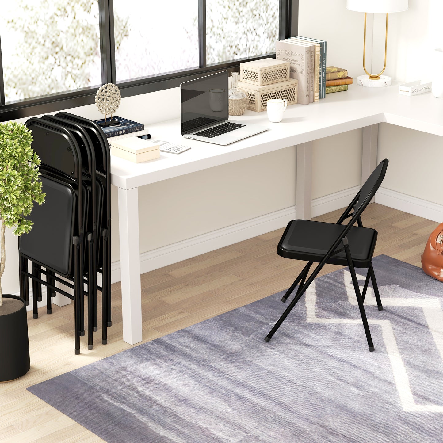 Set of 4 Metal Foldable Chairs, PU Leather Padded Folding Chairs with Cushion Seat and Open Back for Indoor, Black