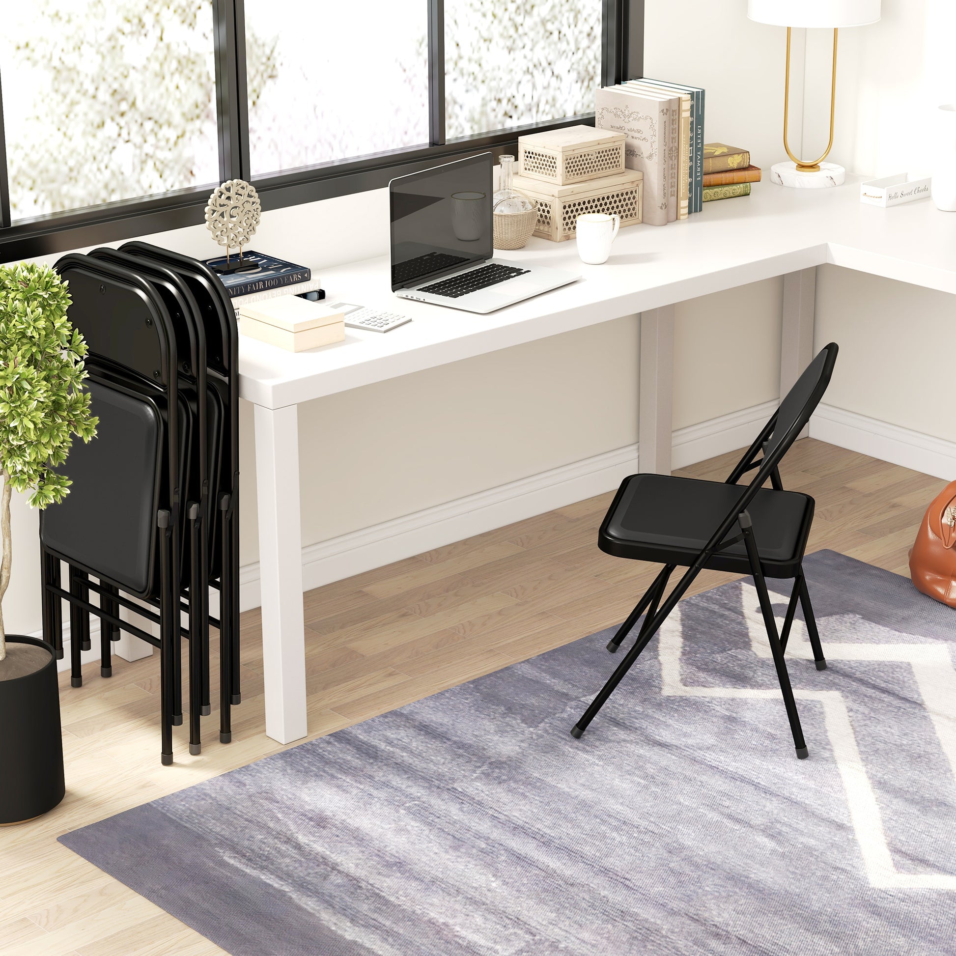 Set of 4 Metal Foldable Chairs, PU Leather Padded Folding Chairs with Cushion Seat and Open Back for Indoor, Black