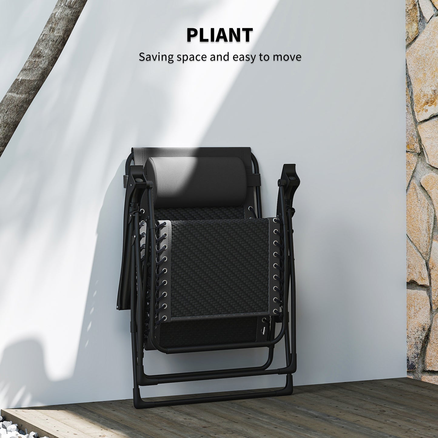 Wicker Folding Lounge Chair with Adjustable Backrest, Rattan Recliner Chair with Headrest & Side Table Tray, Black