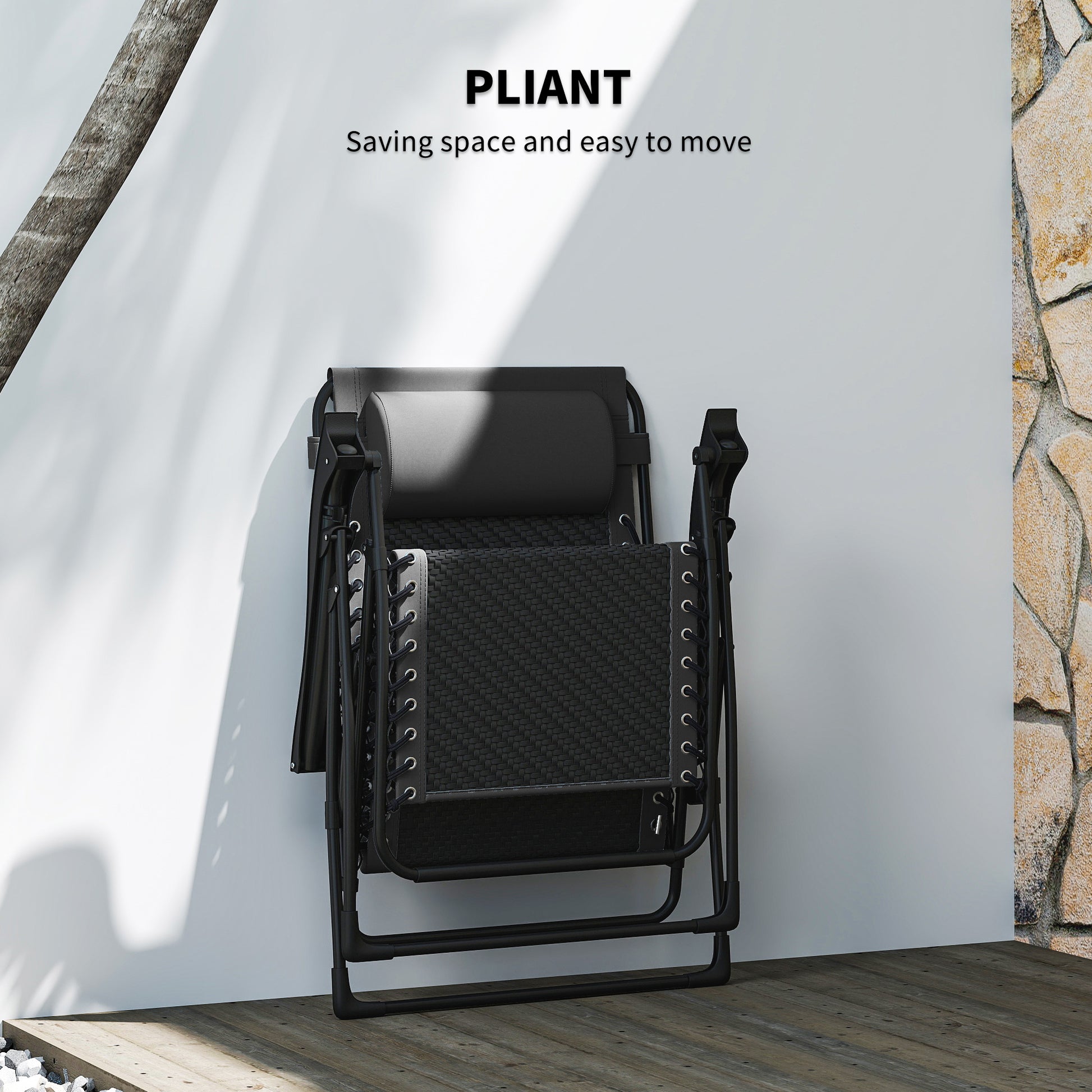 Wicker Folding Lounge Chair with Adjustable Backrest, Rattan Recliner Chair with Headrest & Side Table Tray, Black
