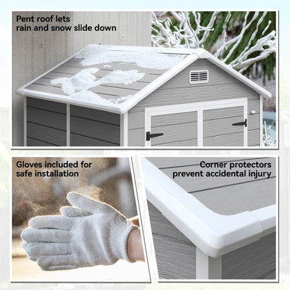 6x5 Plastic Garden Storage Shed with Floor Window Lockable Doors and Vents Outdoor Wood Effect Grey