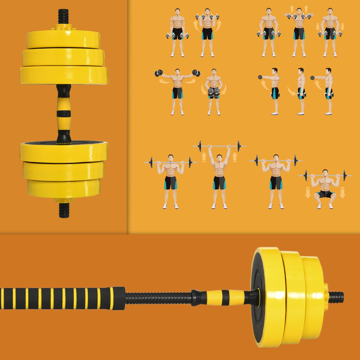Soozier Dumbbell & Barbell Adjustable Set 55lbs Plate Bar Clamp Rod for Strength Training, Full Body Workout, Muscle Building Home Gym Sports Area Exercise Ergonomic