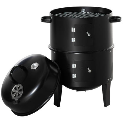 3-in-1 Vertical Charcoal BBQ Smoker, 16" Round Barbecue Grill with 2 Cooking Areas and Thermometer, Black
