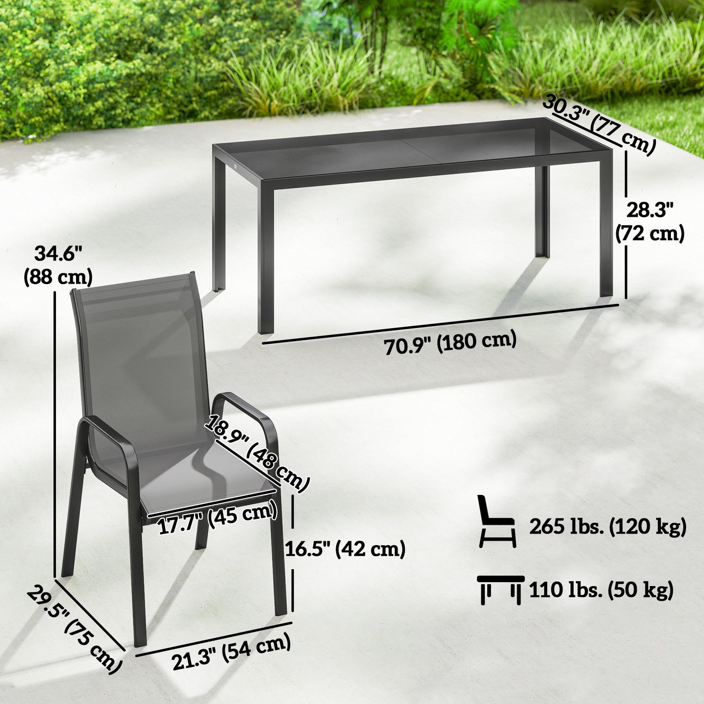 9 Pieces Patio Set with Stackable Chairs, Patio Dining Set with Glass Top for Garden, Patio, Backyard, Dark Grey