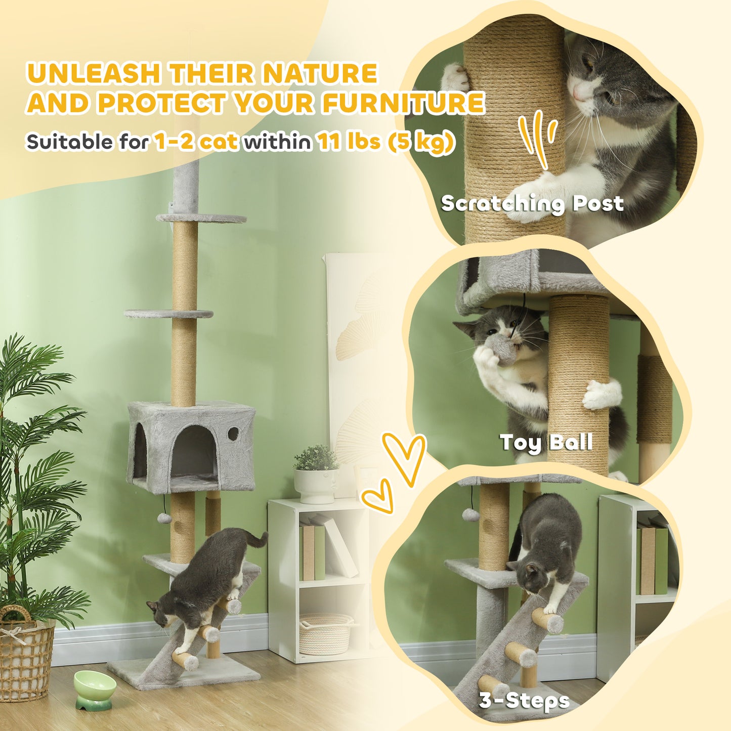 89"-100" Floor to Ceiling Cat Tree w/ Scratching Post, Cat House, 3-Steps, Hanging Ball, Perches, Light Grey
