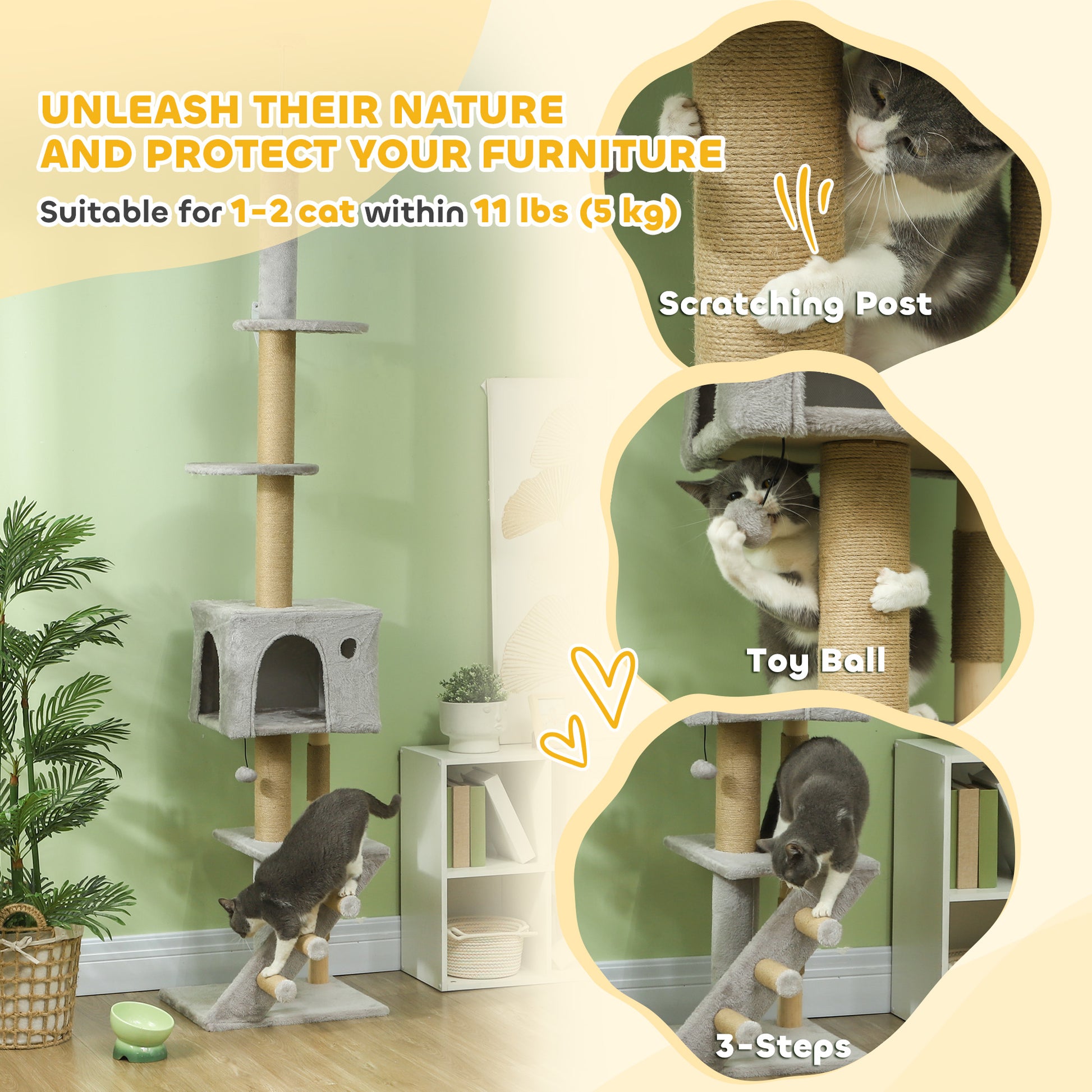 89"-100" Floor to Ceiling Cat Tree w/ Scratching Post, Cat House, 3-Steps, Hanging Ball, Perches, Light Grey