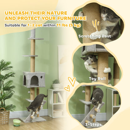 89"-100" Floor to Ceiling Cat Tree w/ Scratching Post, Cat House, 3-Steps, Hanging Ball, Perches, Light Grey