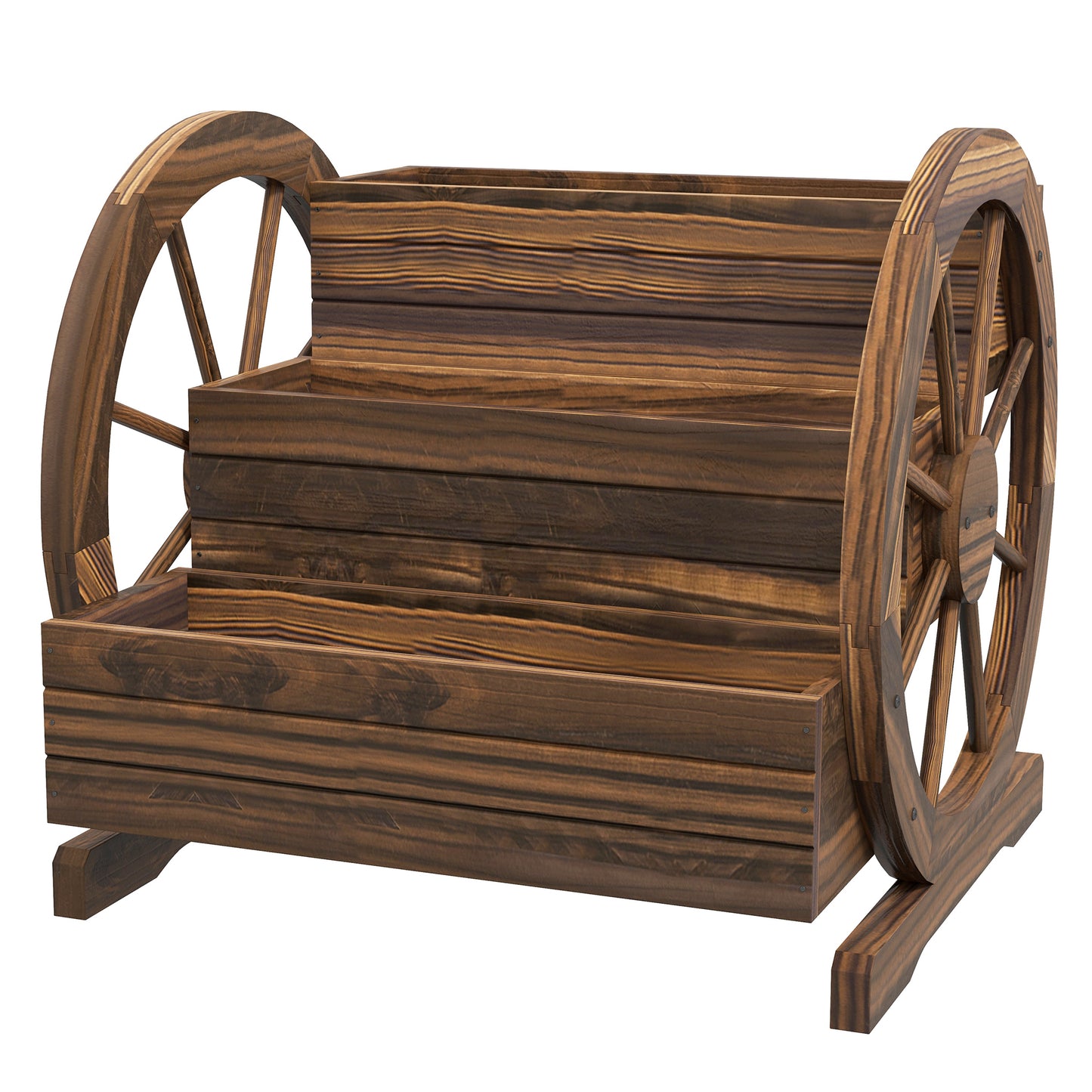 Wooden Wagon Planter Box, 3-Tier Raised Garden Bed, for Vegetables Flowers Herbs, 24" x 24" x 22", Carbonized