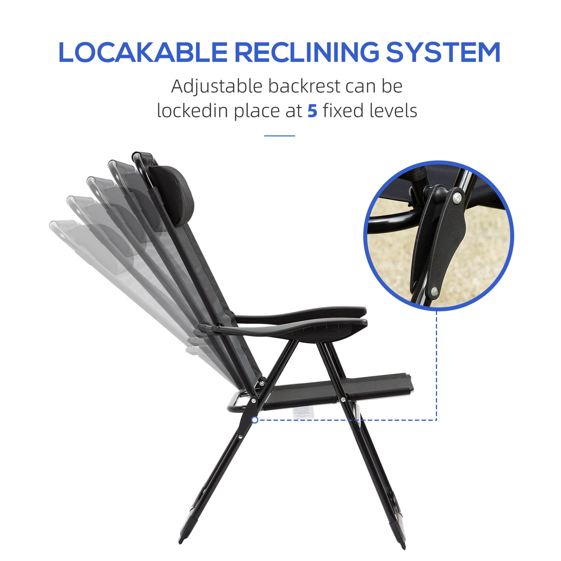Set of 4 Camping Chairs, Outdoor Folding Lounge Chair Set with 5 Level Adjustable Backrest, Removable Headrest, Armrest for Camping, Backyard, Black