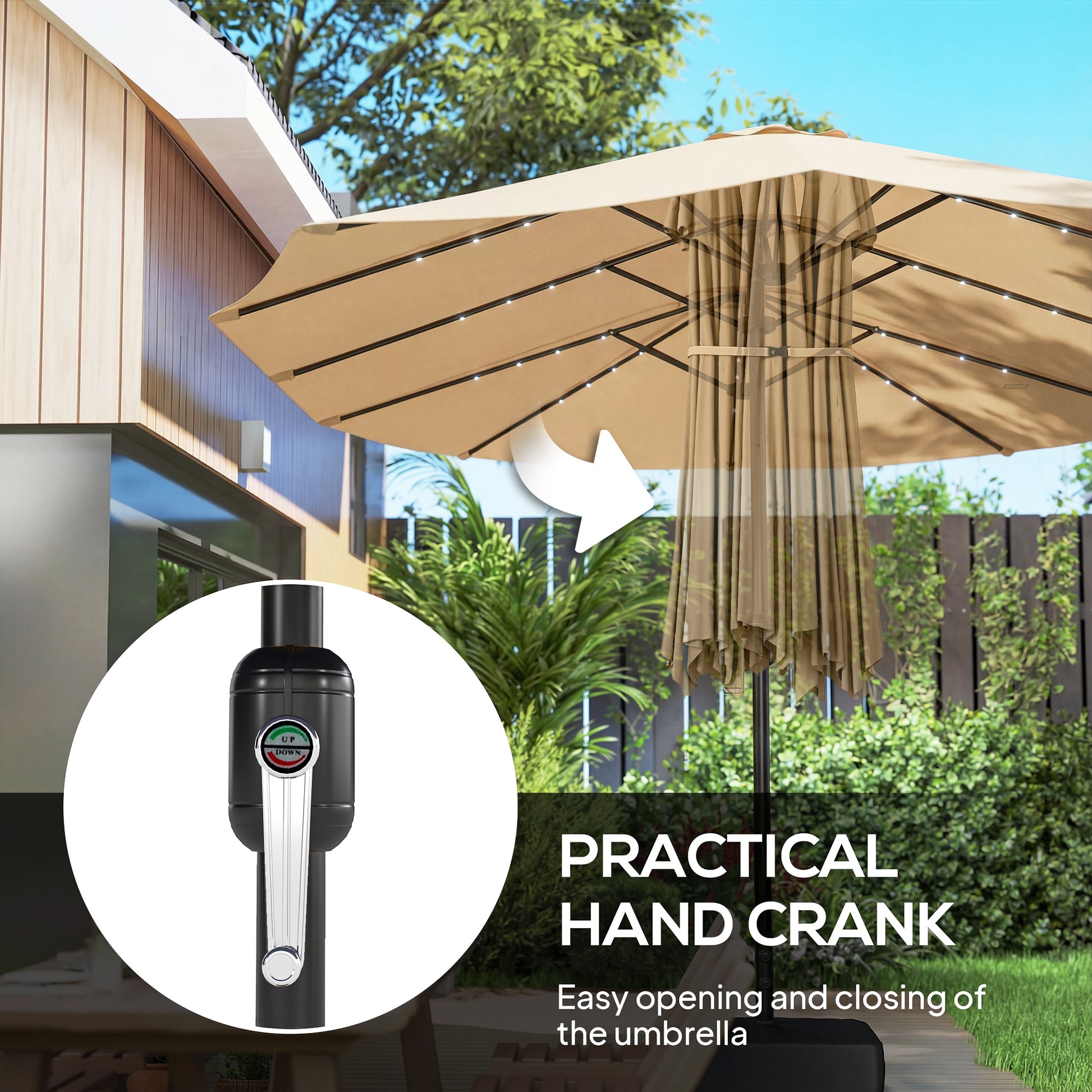 Double-sided Patio Umbrella with Base Included & 48 LED Lights 15ft Khaki