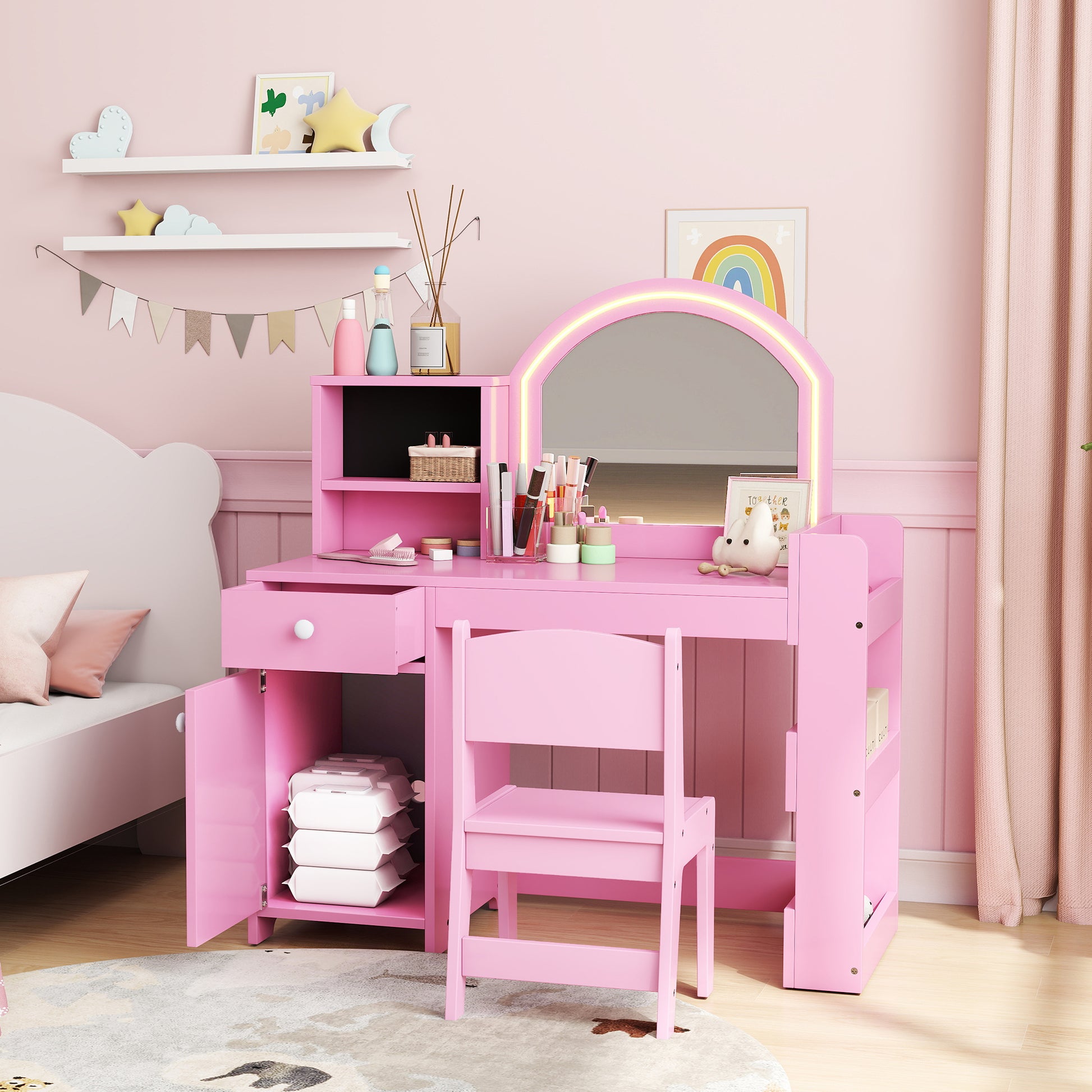 Qaba Kids Vanity Set, Toddler Dressing Table and Chair Set with Lighted Mirror, Cabinet, Drawer and Shelves, Pink