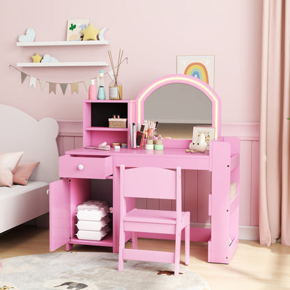 Qaba Kids Vanity Set, Toddler Dressing Table and Chair Set with Lighted Mirror, Cabinet, Drawer and Shelves, Pink